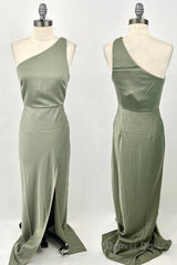 One Shoulder Green Mermaid Long Bridesmaid Dress with Slit
