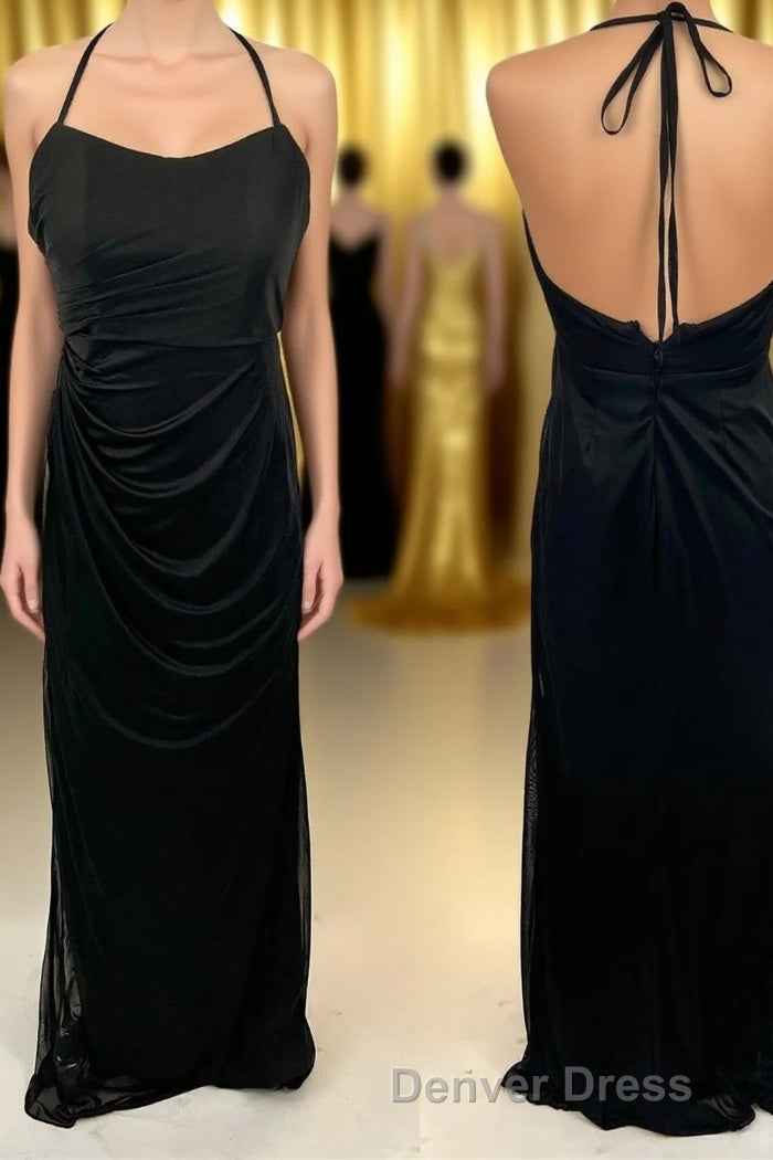 Halter Straps Black Mermaid Ruched Long Bridesmaid Dresses Main image