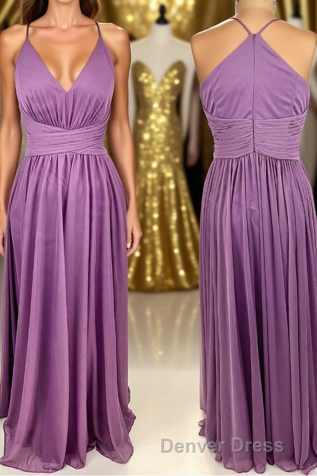 Purple Straps A Line Long Bridesmaid Dresses Main image