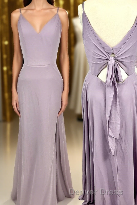 Straps Purple A-line Long Bridesmaid Dresses with Tie Back Main image