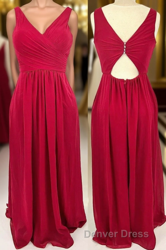 Ruched Red V Neck A-line Long Bridesmaid Dresses