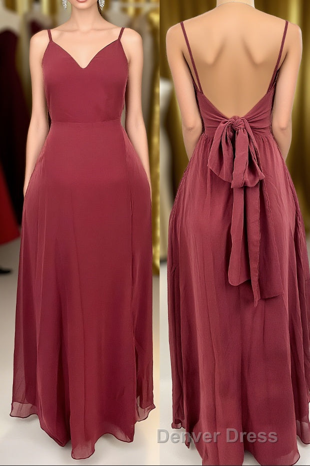 Ruffle Straps Burgundy Chiffon A Line Long Bridesmaid Dresses