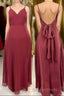 Ruffle Straps Burgundy Chiffon A Line Long Bridesmaid Dresses
