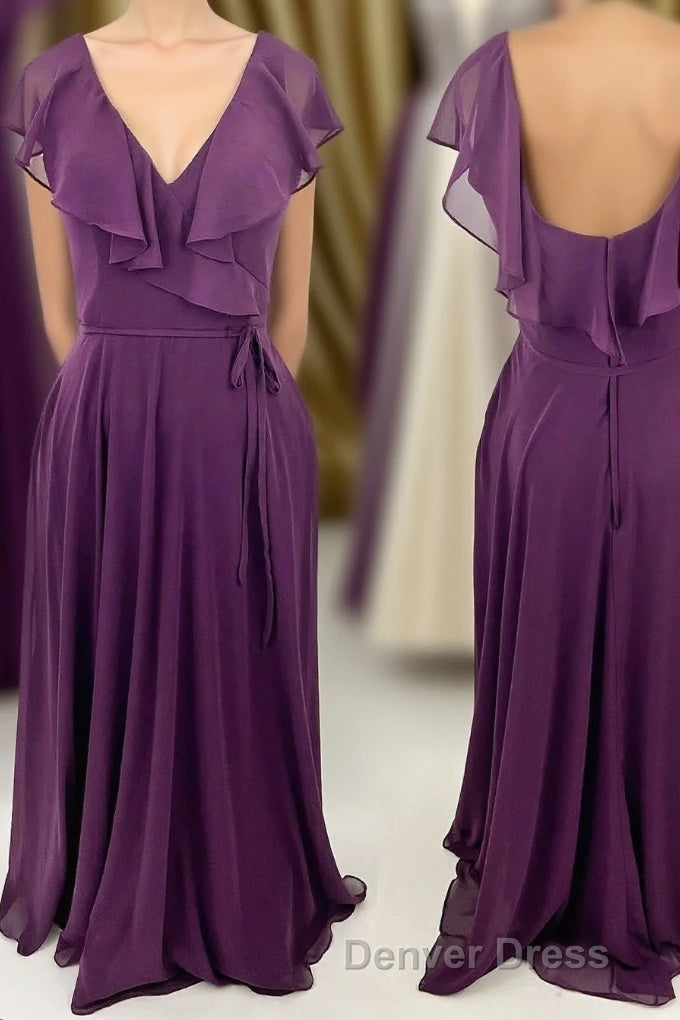 Ruffles Purple Chiffon A Line Long Bridesmaid Dresses Main image