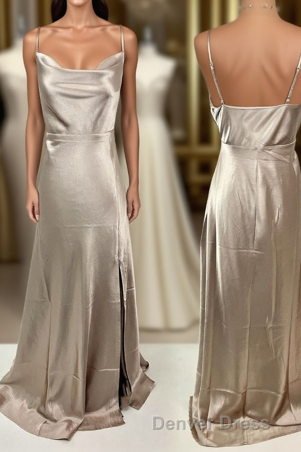 Cowl Neck Straps Long Bridesmaid Dresses with Slit Main image