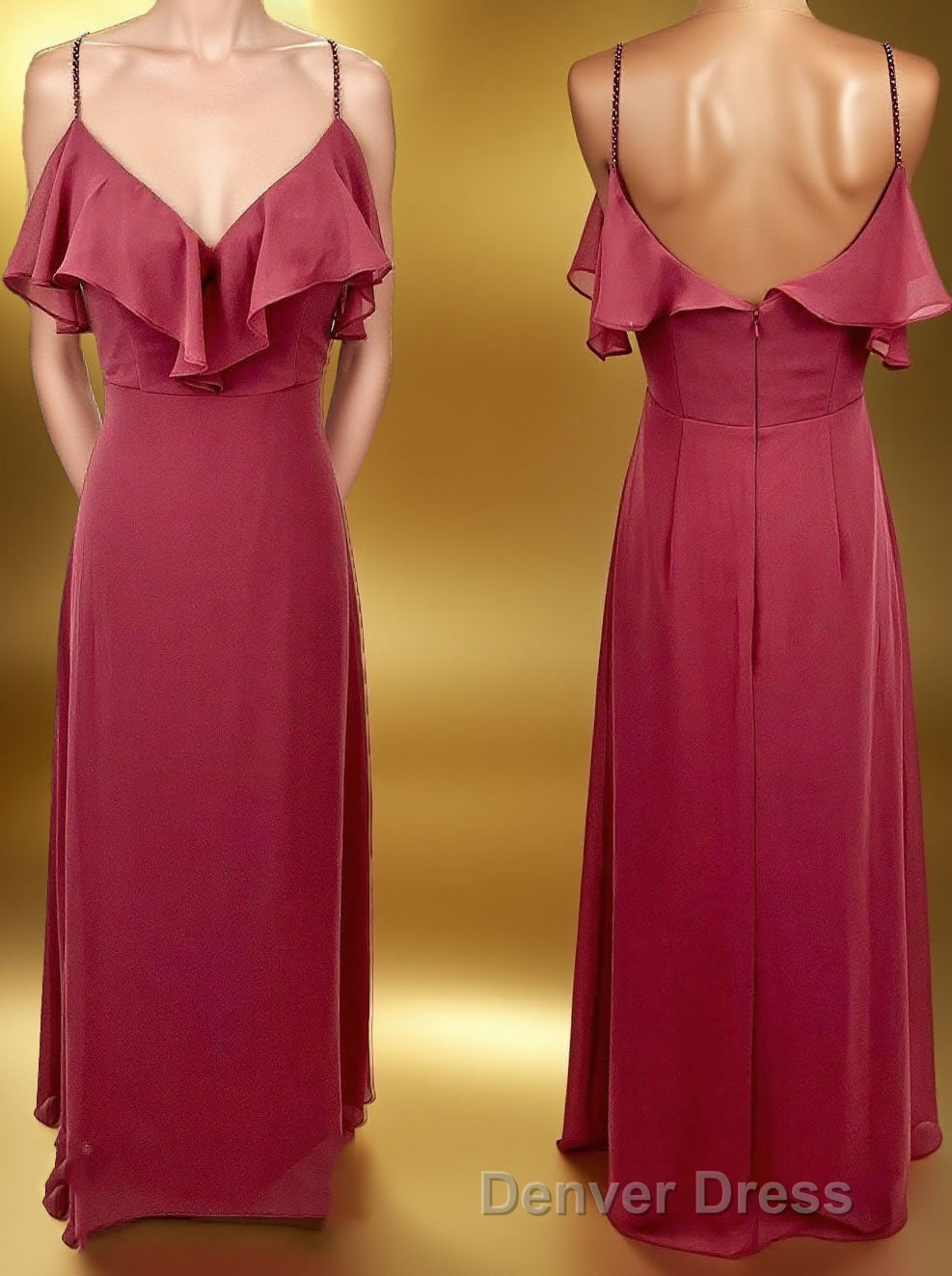 Straps Wine Red Chiffon Flounce Long Bridesmaid Dresses Main image