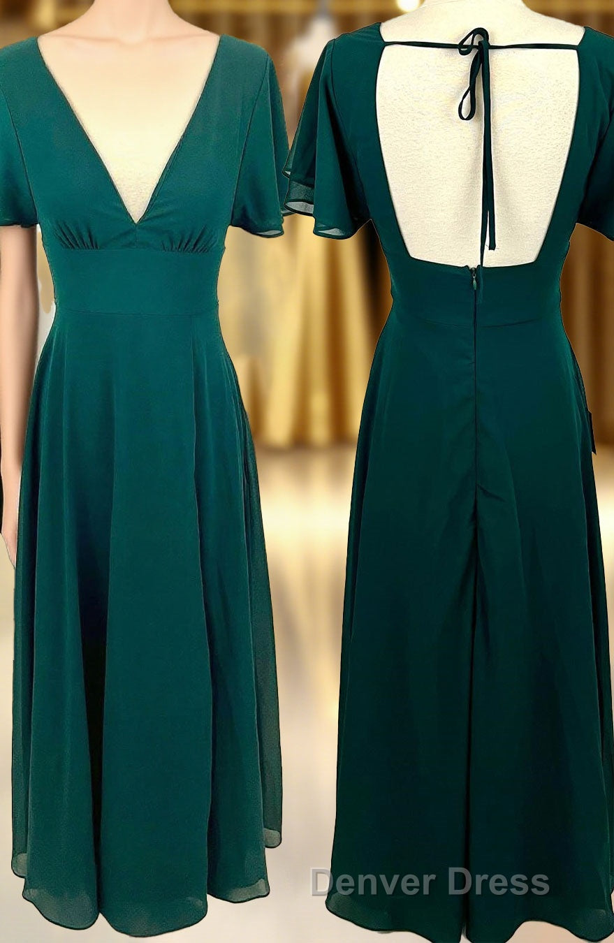 Flounce Sleeves Green Chiffon V Neck Long Bridesmaid Dresses