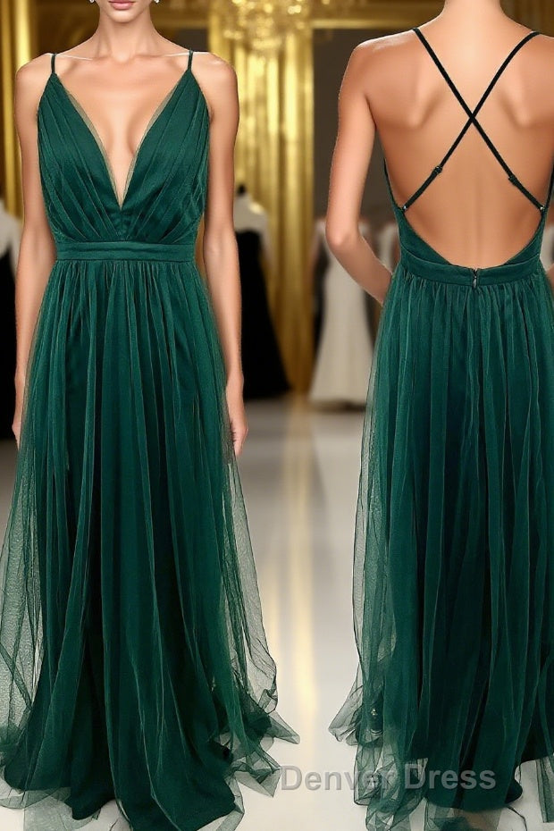 Straps Dark Green Tulle A Line Full Length Bridesmaid Dresses Main image