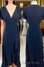 Short Sleeves Navy Blue Chiffon A Line Long Bridesmaid Dresses