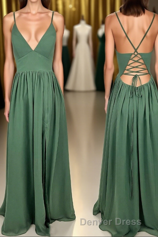 Straps Green A-line Long Formal Dresses with Lace Up Back Main image