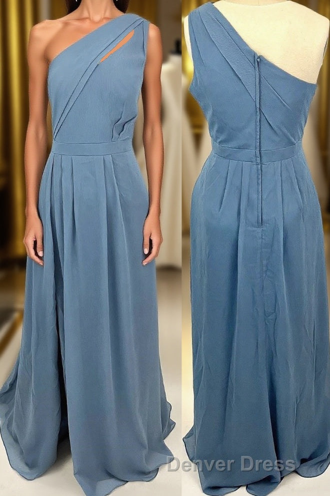 One Shoulder Misty Blue Chiffon A Line Long Bridesmaid Dresses