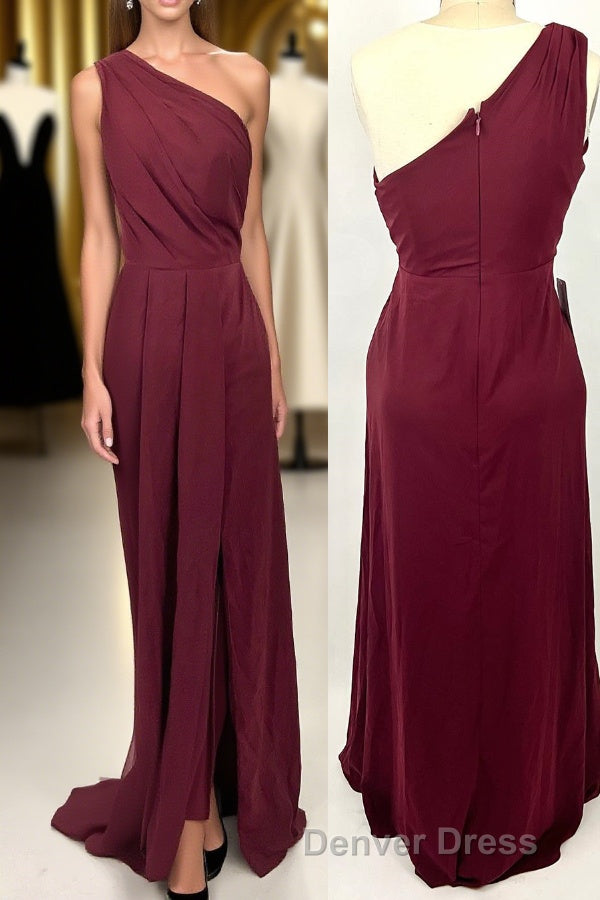 Ruched Wine Red One Shoulder A-line Long Bridesmaid Dresses