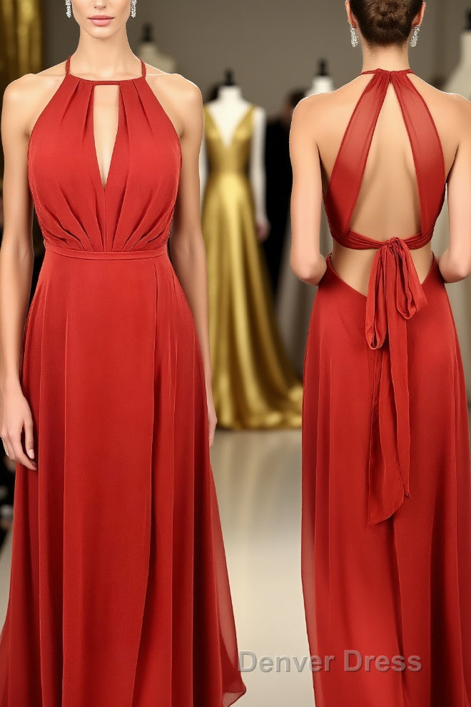 Scoop Red A Line Chiffon Long Bridesmaid Dresses with Open Back Main image
