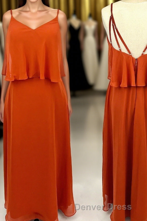 Straps Flounce Orange Chiffon Long Bridesmaid Dresses Main image
