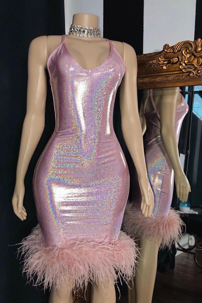 Radiant Mermaid V-Neck Sleeveless Homecoming Dresses With Furs Secondary image