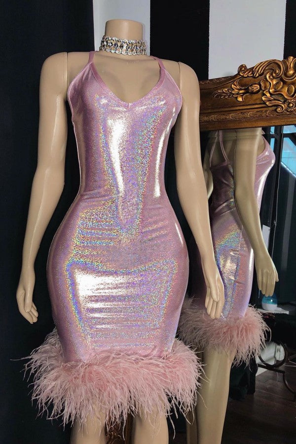 Radiant Mermaid V-Neck Sleeveless Homecoming Dresses With Furs Main image