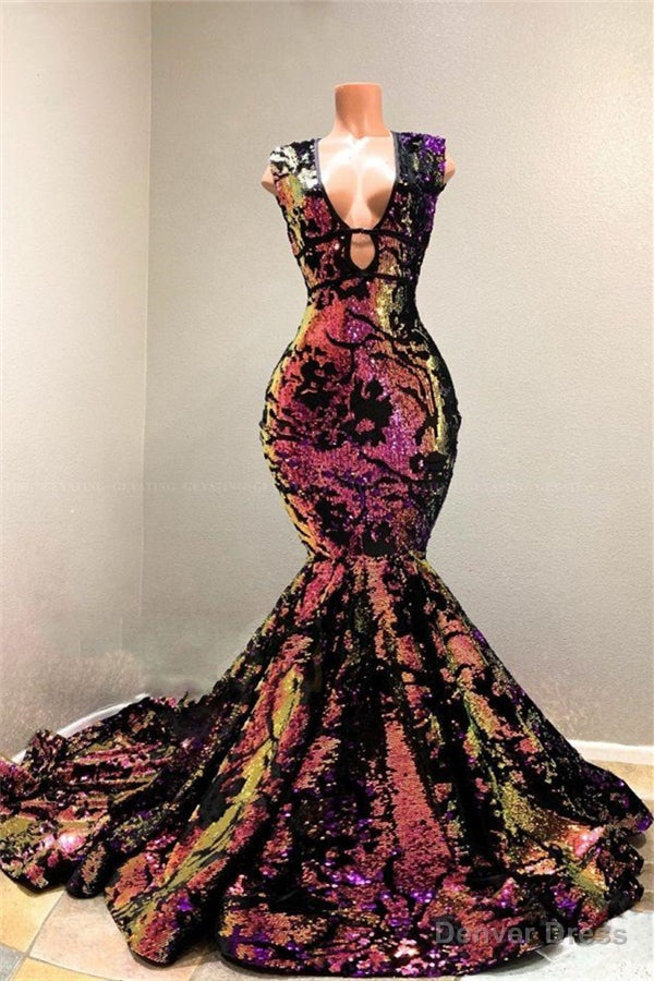 Radiant Sequins V Neck Sleeveless Court Train Mermaid Prom Dresses Main image