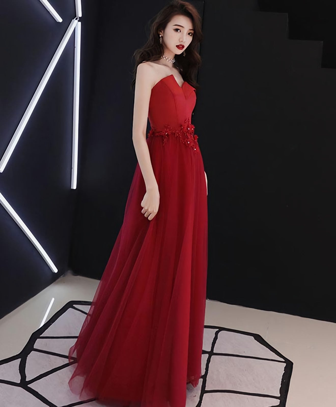 Burgundy Round Neck Tulle Long Prom Dress Lace Prom Dresses