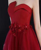 Burgundy Round Neck Tulle Long Prom Dress Lace Prom Dresses