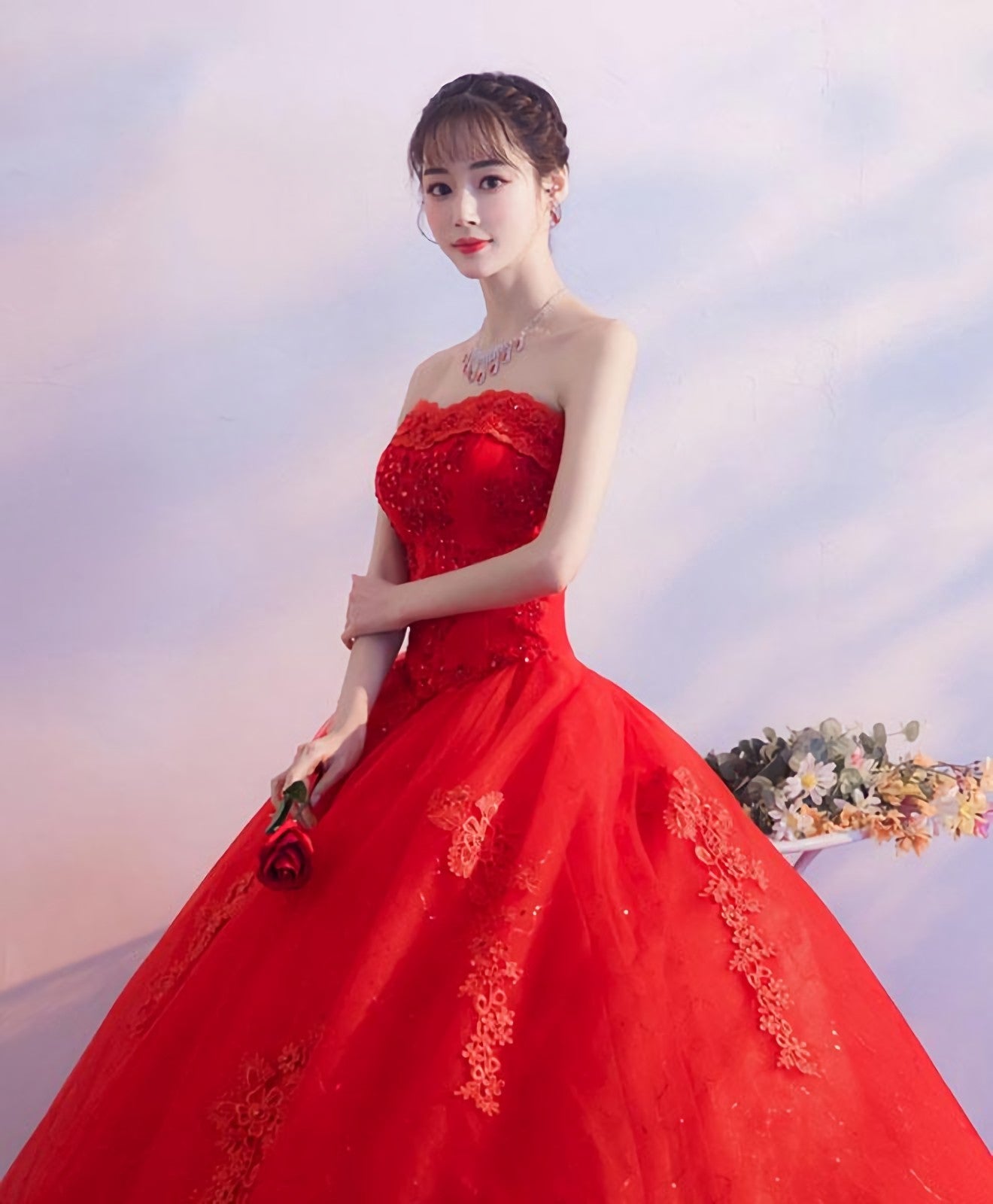 Red Sweetheart Neck Lace Long Prom Dress Sweet 16 Dresses