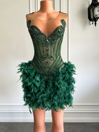 Real Luxury Black Girls Prom Occasion Birthday Prom Dress Emerald Green Feather Women Short Prom Dresses