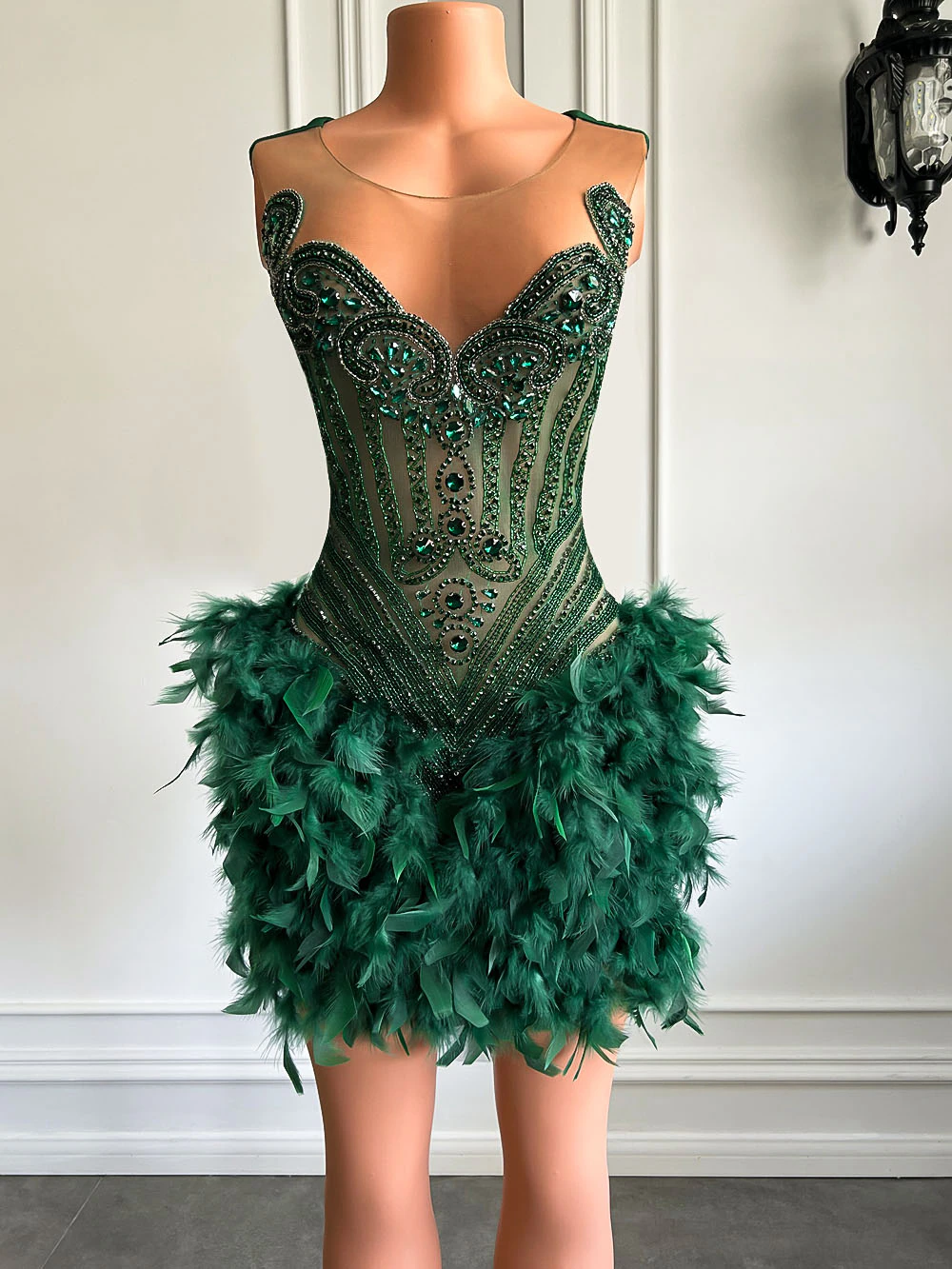 Real Luxury Black Girls Prom Occasion Birthday Prom Dress Emerald Green Feather Women Short Prom Dresses