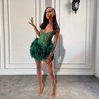 Real Luxury Black Girls Prom Occasion Birthday Prom Dress Emerald Green Feather Women Short Prom Dresses