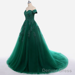 Real Off Shoulder Green Prom Dresses Beaded Appliques Emerald Quince Dress