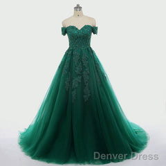Real Off Shoulder Green Prom Dresses Beaded Appliques Emerald Quince Dress