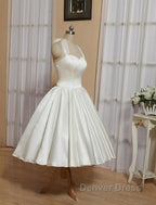 Reception Little White Dress Wedding Dresses A Line Halter Sleeveless Tea Length Satin Bridal Gown With Bow(S) Pleats