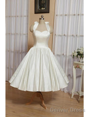 Reception Little White Dresses Wedding Dresses A-Line Halter Sleeveless Tea Length Satin Bridal Gowns With Bow(S) Pleats