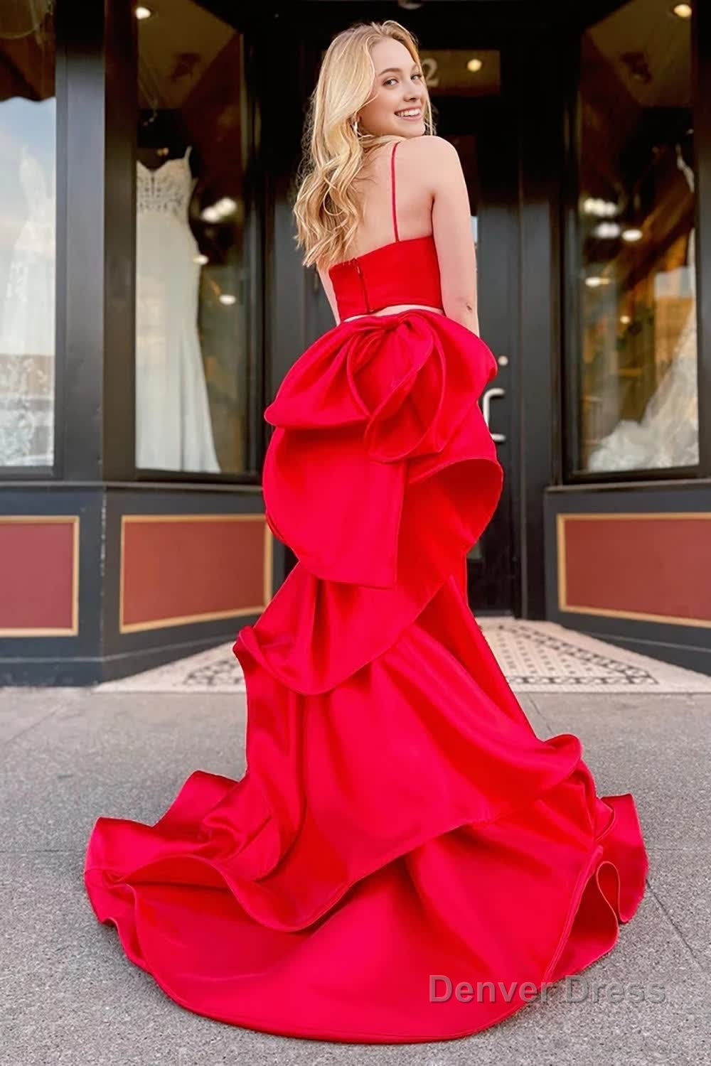 Red 2 Pieces Spaghetti Straps Prom Dresses