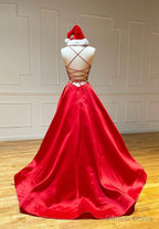 Red Satin Long Prom Dress, Simple A Line Prom Dresses