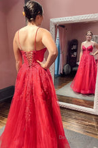 Red A Line Corset Lace Long Prom Dresses