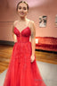 Red A Line Corset Lace Long Prom Dresses