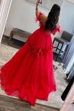 Red A Line Corset Long Prom Dresses with 3D Flowers