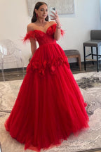Red A Line Corset Long Prom Dresses with 3D Flowers