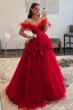 Red A Line Corset Long Prom Dresses with 3D Flowers