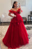 Red A Line Corset Long Prom Dresses with 3D Flowers