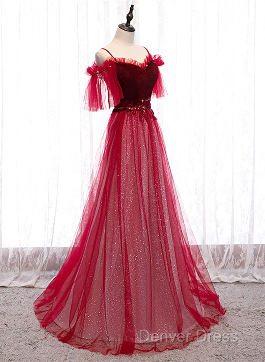 Red A-Line Floor Length Off Shoulder Long Prom Dresses, Red Long Evening Dresses Secondary image