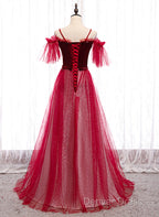 Red A-Line Floor Length Off Shoulder Long Prom Dresses, Red Long Evening Dresses