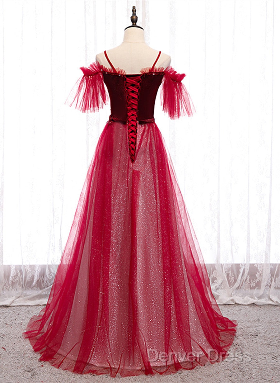 Red A-Line Floor Length Off Shoulder Long Prom Dresses, Red Long Evening Dresses