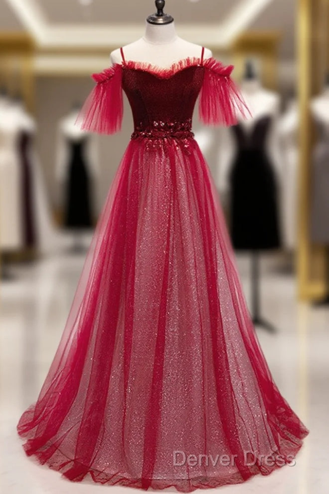 Red A-Line Floor Length Off Shoulder Long Prom Dresses, Red Long Evening Dresses