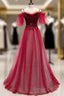 Red A-Line Floor Length Off Shoulder Long Prom Dresses, Red Long Evening Dresses