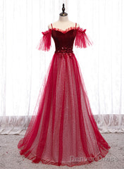Red A-Line Floor Length Off Shoulder Long Prom Dress, Red Long Evening Dress