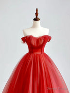 Red A Line Long Prom Dress, Red Tulle Prom Graduation Dresses