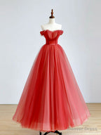 Red A Line Long Prom Dress, Red Tulle Prom Graduation Dresses