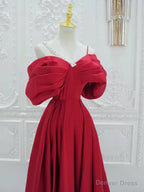 Red A Line Off Shoulder Satin Long Prom Dress, Red Long Prom Dresses