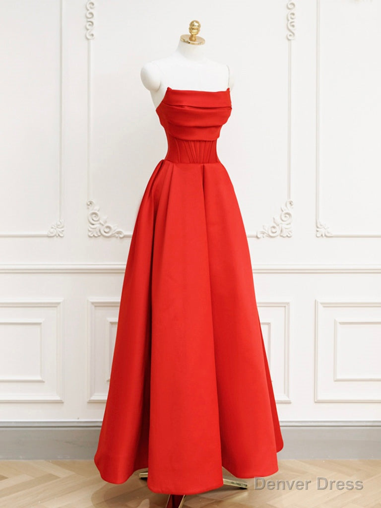 Red A Line Satin Long Prom Dress, Red Long Prom Dresses