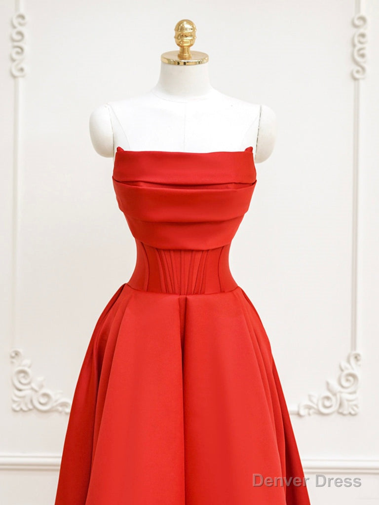 Red A Line Satin Long Prom Dress, Red Long Prom Dresses